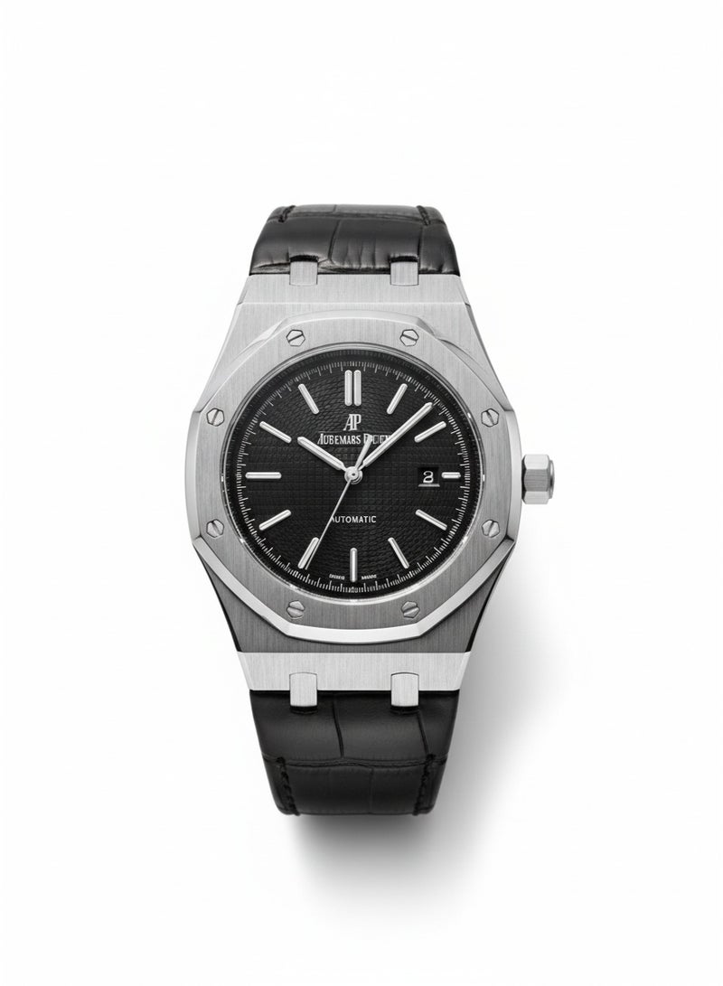 أوديمار بيجويت ساعة أوديمار بيغيه رويال أوك أوتوماتيكية من الفولاذ المقاوم للصدأ بميناء أسود وسوار من الجلد الأسود - Image 1